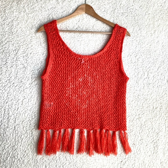 Bongo Juniors orange coral sleeveless cropped sweater tank with tassels, Sz L - Picture 13 of 16